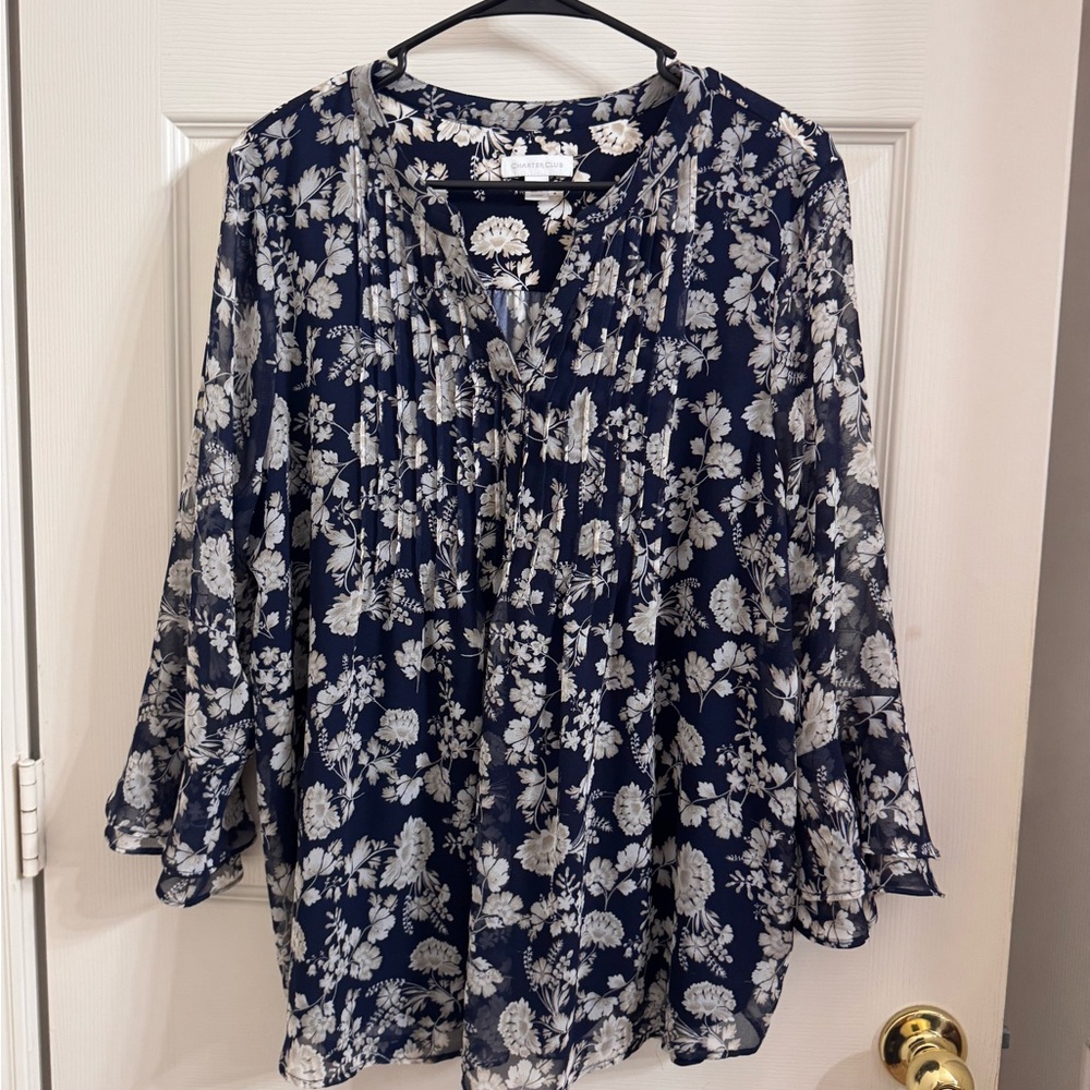 Charter Club Navy and White Floral Blouse